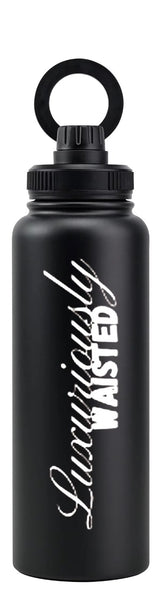 Black stainless steel water bottle with phone holder