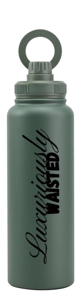 Green stainless steel water bottle with phone holder