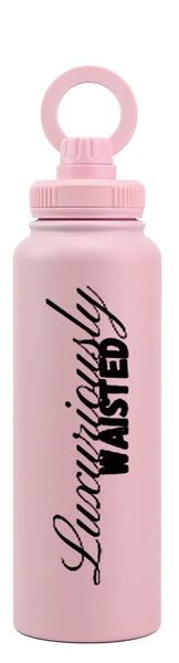 Pink stainless steel water bottle with phone holder