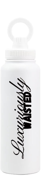 White stainless steel water bottle with phone holder